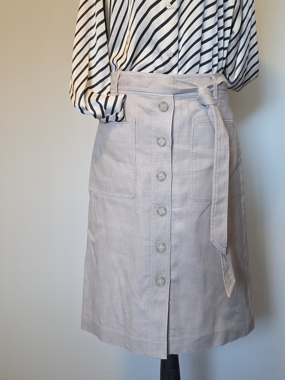 J. Crew Classic Button-Front Light Taupe Linen Skirt with Tie Waist